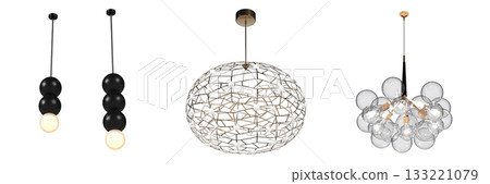 chandelier on the ceiling isolated on transparent background, hanging lamp, pendant light, 3D illustration, cg render 133221079