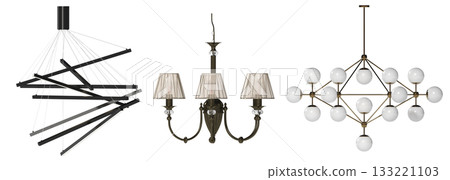 chandelier on the ceiling isolated on transparent background, hanging lamp, pendant light, 3D illustration, cg render chandelier on the ceiling isolated on transparent background, hanging lamp, pendant light, 3D illustration, cg render 133221103