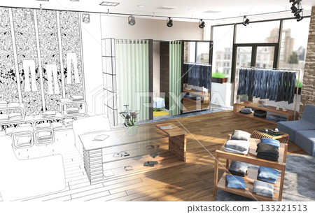 clothing store, interior visualization, 3D illustration 133221513