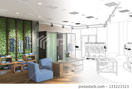 clothing store, interior visualization, 3D illustration 133221523