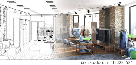 clothing store, interior visualization, 3D illustration clothing store, interior visualization, 3D illustration 133221524