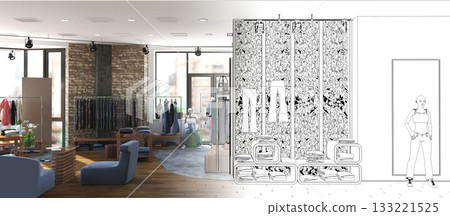 clothing store, interior visualization, 3D illustration clothing store, interior visualization, 3D illustration 133221525
