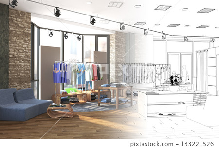 clothing store, interior visualization, 3D illustration clothing store, interior visualization, 3D illustration 133221526