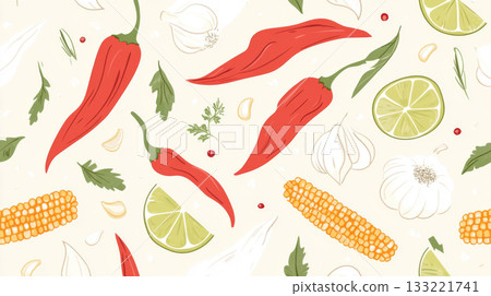 Mexican food pattern with chili peppers, corn, lime slices, herbs and spices background 133221741