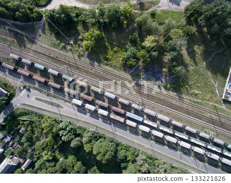 railway, trains with wagons, view from above 133221826