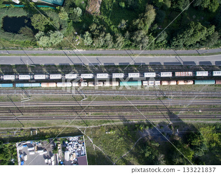 railway, trains with wagons, view from above 133221837