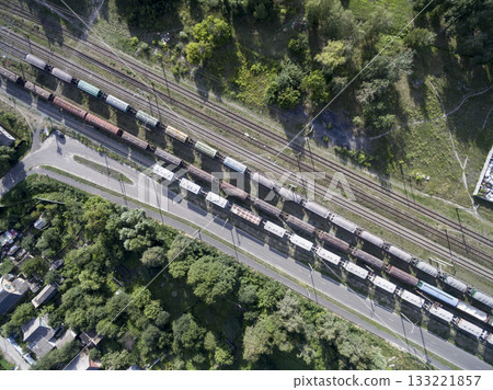 railway, trains with wagons, view from above 133221857