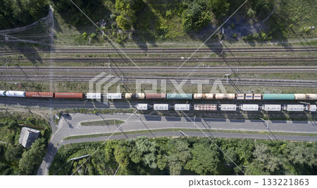 railway, trains with wagons, view from above railway, trains with wagons, view from above 133221863