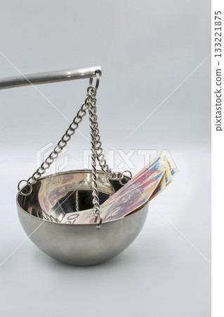 Polish zloty banknotes on balance scale financial concept. Polish zloty banknotes on balance scale financial concept. 133221875