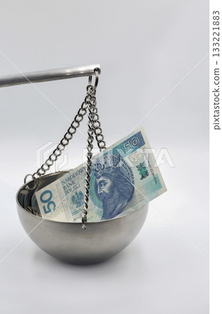 Polish zloty banknotes on balance scale financial concept. Polish zloty banknotes on balance scale financial concept. 133221883