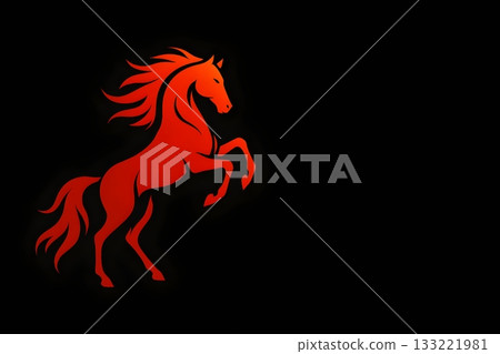 Red rearing horse silhouette with flowing mane on black background 133221981