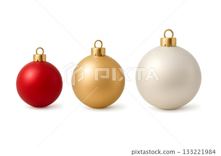 Three Christmas baubles in red, gold, and white with golden caps, realistic glossy finish 133221984