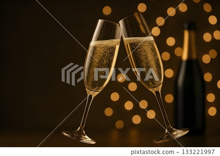 Two champagne flutes clink with bright bubbles against warm golden bokeh 133221997