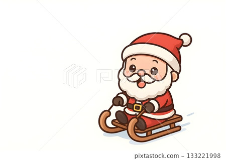 Adorable chibi Santa Claus sledding on snow, smiling in red suit and hat 133221998
