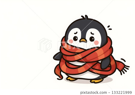 Cute cartoon penguin tangled in a long red scarf, blushing and shivering on a white background. 133221999