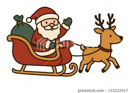 Cute Santa Claus waving from a red sleigh pulled by a reindeer, gift sack behind 133222017