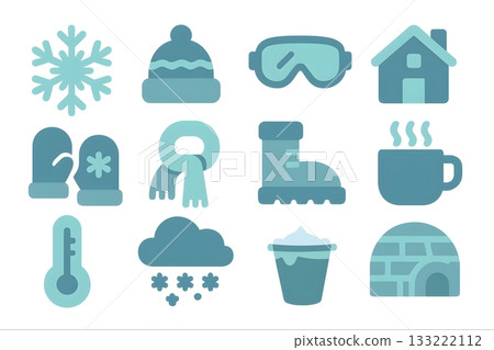 Blue flat winter icon set: snowflake, beanie, goggles, house, mittens, scarf, boot, steaming mug Blue flat winter icon set: snowflake, beanie, goggles, house, mittens, scarf, boot, steaming mug 133222112