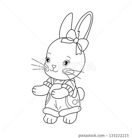 Cute bunny character in overalls with bow on its ear. Black and white vector line art illustration for kids, coloring pages, children designs and cartoon projects. Outline graphic on white background 133222215