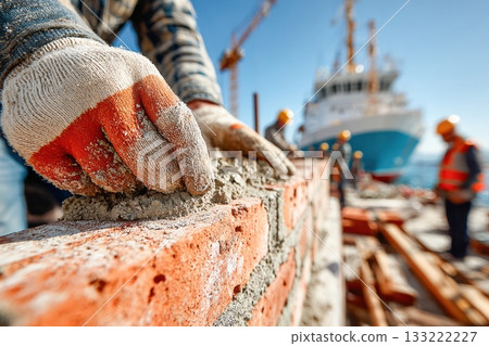 Construction worker laying bricks on building site with tools and machinery 133222227