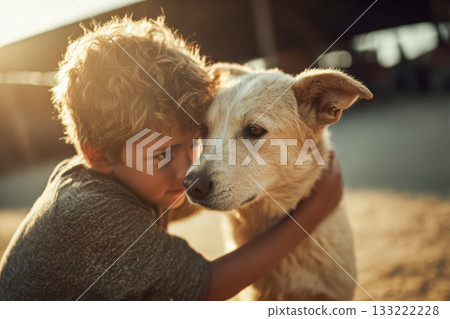 Boy embracing dog in warm sunlight, showcasing friendship and connection 133222228