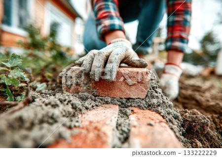 Skilled worker laying bricks on construction site with fresh mortar 133222229