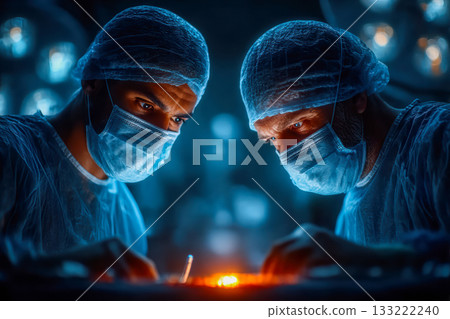 Surgeons focused on intricate procedure in operating room with bright lights Surgeons focused on intricate procedure in operating room with bright lights 133222240