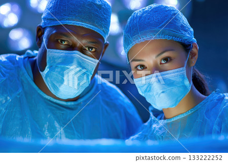 Medical professionals in surgical attire focused on patient care in operating room 133222252