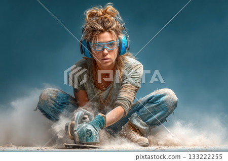 Female construction worker using power tool in dusty workshop environment 133222255