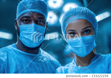 Medical professionals in surgical attire preparing for operation in hospital Medical professionals in surgical attire preparing for operation in hospital 133222256