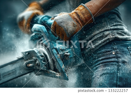 Skilled worker using chainsaw in action with flying wood particles and dust 133222257
