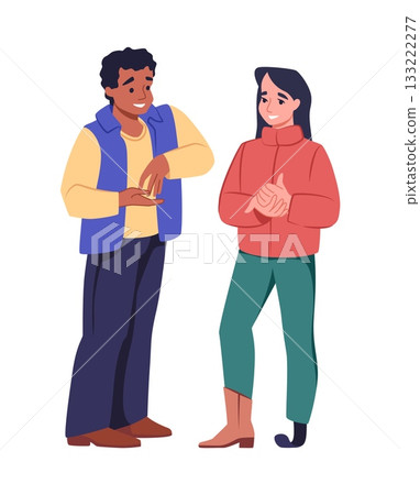 Inclusive people. Disabled woman with leg prosthesis. Inclusion support to person with disability. Happy diversity couple. Handicap girlfriend talking with boyfriend. Vector concept Inclusive people. Disabled woman with leg prosthesis. Inclusion support to person with disability. Happy diversity couple. Handicap girlfriend talking with boyfriend. Vector concept 133222277