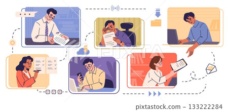 People work. Office team communicate in computer. Community project workflow by employees. Business teamwork. Businessman with laptop and document. Digital browser frame. Vector concept People work. Office team communicate in computer. Community project workflow by employees. Business teamwork. Businessman with laptop and document. Digital browser frame. Vector concept 133222284
