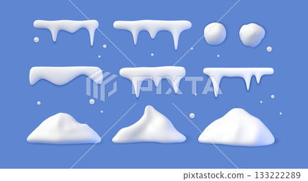 Snow pile. 3d winter snowball, frozen ice cap or melt icicle ground. White snowy weather, snowflake and corners, snowdrifts, frozen surface decorative render objects. Vector isolated set 133222289