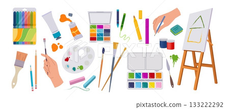 Art tools. Paint brush, easel or craft paintbrush for workshop, painter stationery. Artist equipment, cute pencil, gouache jars and palette. Vector cartoon flat style isolated illustration Art tools. Paint brush, easel or craft paintbrush for workshop, painter stationery. Artist equipment, cute pencil, gouache jars and palette. Vector cartoon flat style isolated illustration 133222292