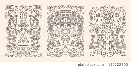 African pattern. Tribal Mexican Aztec symbol. Africa or Mexico art ornament. Boho design. Inca tribe texture. Indigenous totem. Native motif with tree and people. Vector line prints set African pattern. Tribal Mexican Aztec symbol. Africa or Mexico art ornament. Boho design. Inca tribe texture. Indigenous totem. Native motif with tree and people. Vector line prints set 133222300