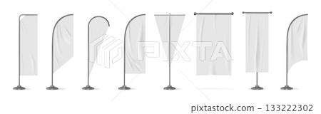 Flag sign. Vertical flagpole, white beach bow or blank brand event banner for show or promotion, textile different forms. Realistic marketing advertising mockup. Vector template isolated set Flag sign. Vertical flagpole, white beach bow or blank brand event banner for show or promotion, textile different forms. Realistic marketing advertising mockup. Vector template isolated set 133222302