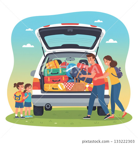 Bright vector scene of a family loading luggage into a car for a holiday trip. Cheerful outdoor atmosphere and travel concept. Vector illustration 133222303