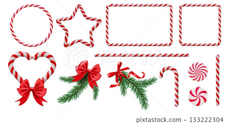 Candy frame. 3D cane border. Red Xmas decoration or circle sweet stick line. Stripe square shape. Round ring. Coniferous branch with red ribbon. Vector Christmas decor elements set 133222304