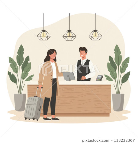 Illustration of a woman checking into a stylish hotel reception with suitcase, friendly staff, soft lighting, and modern decor. Perfect for travel and hospitality themes. Vector illustration 133222307