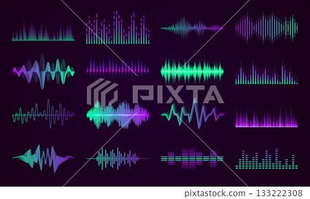 Music wave. Sound tune. Audio impulse. Voice stereo pulse. Soundwave frequency. Chart rhythm spectrum. Equalizer gradient form. Musical abstract beats. Vector graphic waveform shapes set 133222308