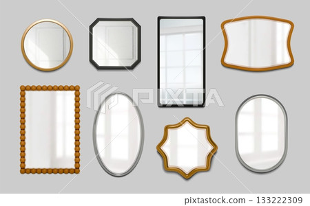 Mirror surface. Glass reflect, bathroom silver rectangle or square room wooden and silver frame. For makeup, house or home. Interior object. Vector light shadows, realistic isolated set Mirror surface. Glass reflect, bathroom silver rectangle or square room wooden and silver frame. For makeup, house or home. Interior object. Vector light shadows, realistic isolated set 133222309