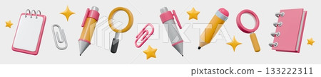 3D school supply. Studying tools. Pencil and pen. Read book. Paper notepad elements. Notebook render for learning. Document tablet. Paperclip and magnifier. Vector education icons set 3D school supply. Studying tools. Pencil and pen. Read book. Paper notepad elements. Notebook render for learning. Document tablet. Paperclip and magnifier. Vector education icons set 133222311