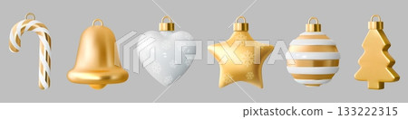 Gold christmas tree balls set. 3d ornament with white ribbon, golden xmas toy bell or metal hang sphere for new year decoration, bulbs with snowflakes. Vector isolated render glossy elements 133222315
