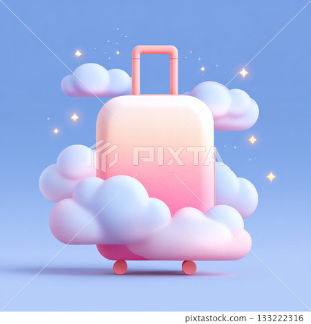 Whimsical 3D illustration of a pink suitcase floating in fluffy clouds. Perfect for travel, vacation dreams, airline branding, and creative travel concepts. Vector illustration 133222316