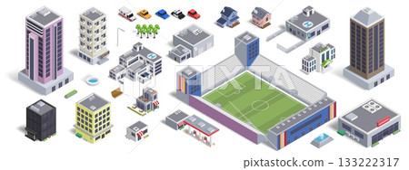 3D city. Isometric buildings. Office and residential houses. Forest park street view. Business cityscape. Urban skyline scene. Shop and bank facade. Vector town isolated elements set 133222317