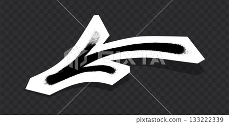 Graffiti-style black arrow with spray paint texture on white paper cutout. 133222339
