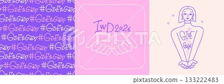 IWD2026 - International Womens Day greeting cards set. Abstract woman with cupped hands in linear doodle style. March 8th concept. Vector monoline doodle hand drawn illustration with lettering text 133222483