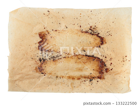 Kitchen parchment sheet with baked fish fillet stains, isolated on transparent background. Realistic cooking texture for food design, recipe visuals, and culinary projects 133222500