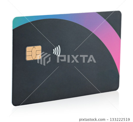 Blank bank card with contactless payment chip, isolated on transparent background. Perfect template for design, branding, finance concepts, and digital payment projects 133222519