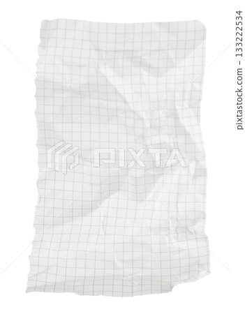 Crumpled squared notebook sheet isolated on transparent background. Wrinkled paper texture, perfect for design, mockups, and creative projects 133222534